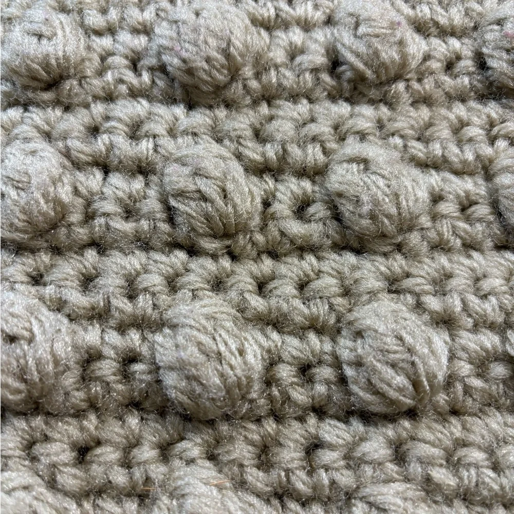 Neutral Beige Crochet Bag with Wood Handles & Balls Boho Cottagecore